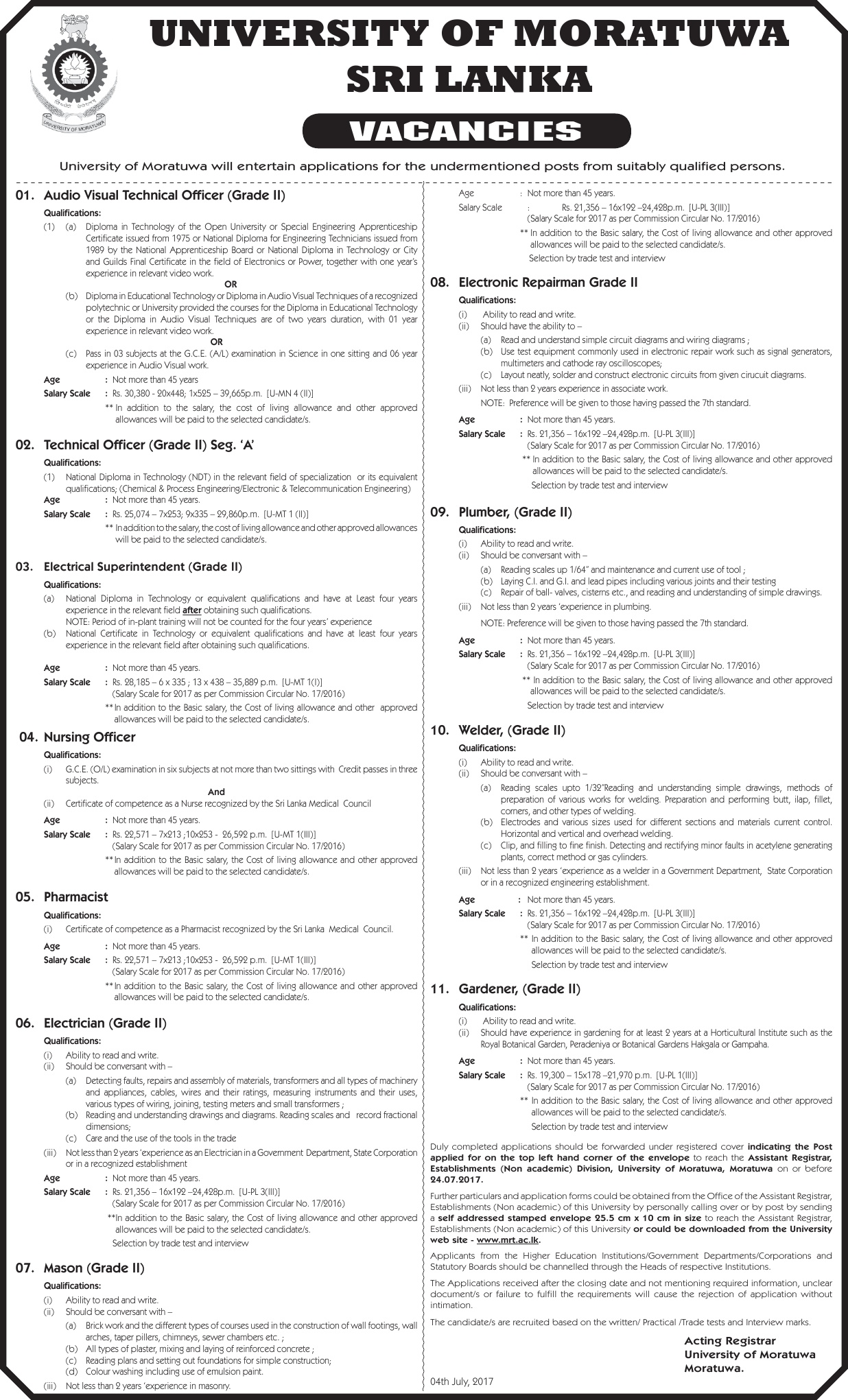 Audio Visual Technical Officer, Technical Officer, Electrical Superintendent, Nursing Officer, Pharmacist, Electrician, Mason, Electronic Repairman, Plumber, Welder, Gardener - University of Moratuwa